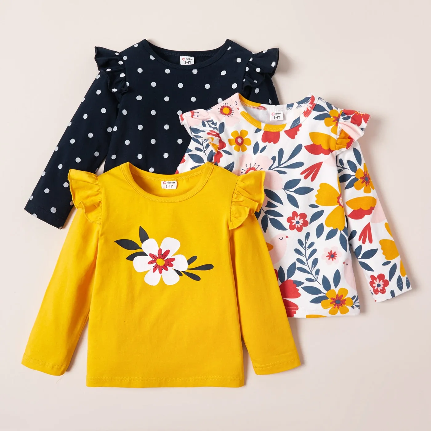 3 Pack  Floral Dots Long- Sleeve Cute T-Shirts For Kids