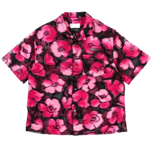 4SDESIGNS WIDE CAMP SHIRT BLACK ORGANZA W/ PINK FLORAL JACQUARD