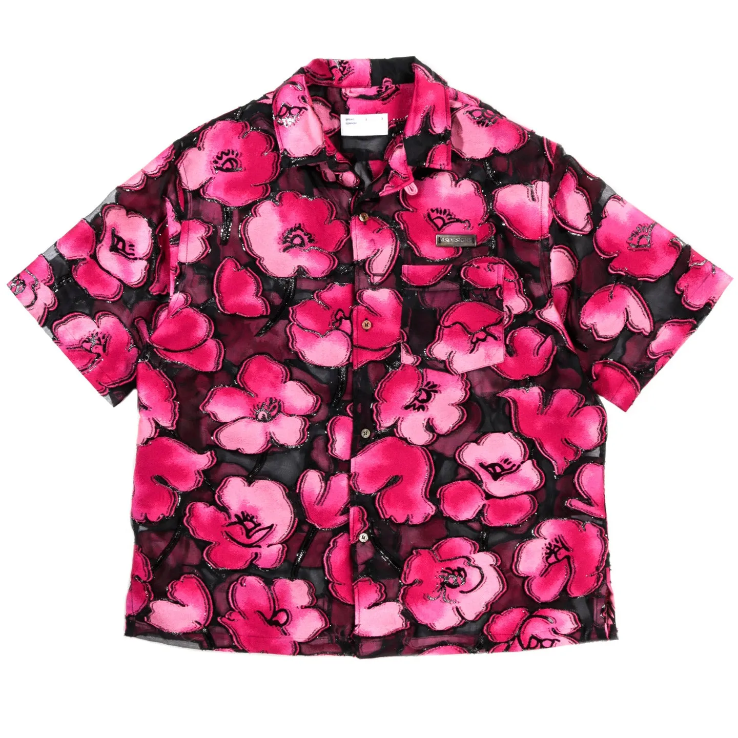 4SDESIGNS WIDE CAMP SHIRT BLACK ORGANZA W/ PINK FLORAL JACQUARD