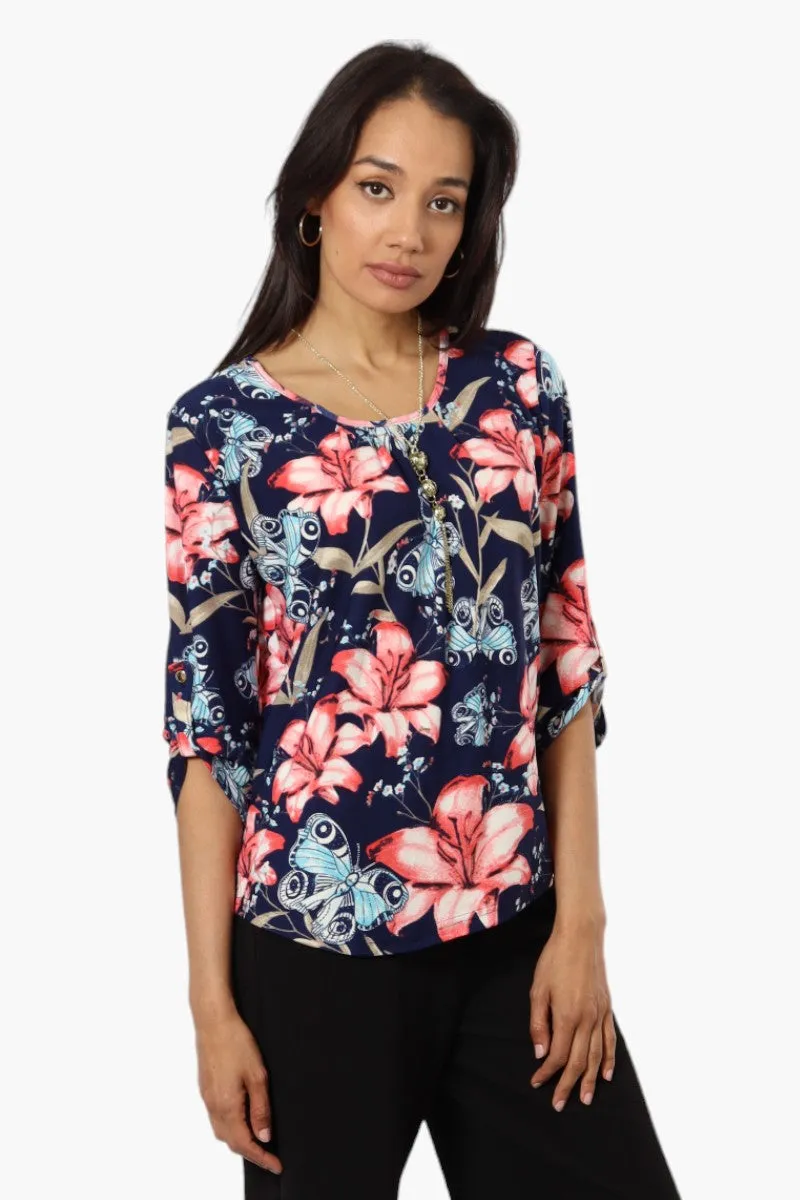 Beechers Brook Floral Roll Up Sleeve Necklace Blouse - Navy