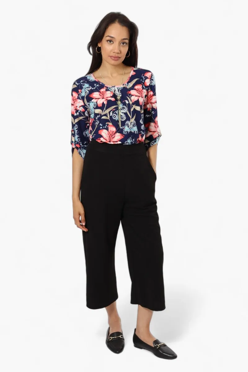 Beechers Brook Floral Roll Up Sleeve Necklace Blouse - Navy