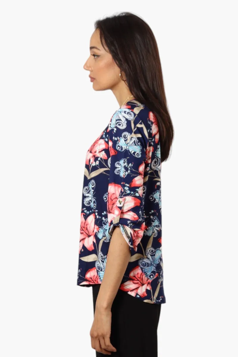 Beechers Brook Floral Roll Up Sleeve Necklace Blouse - Navy