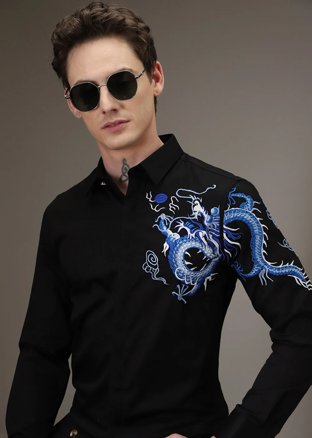 Black Dragon Embroidery Shirt