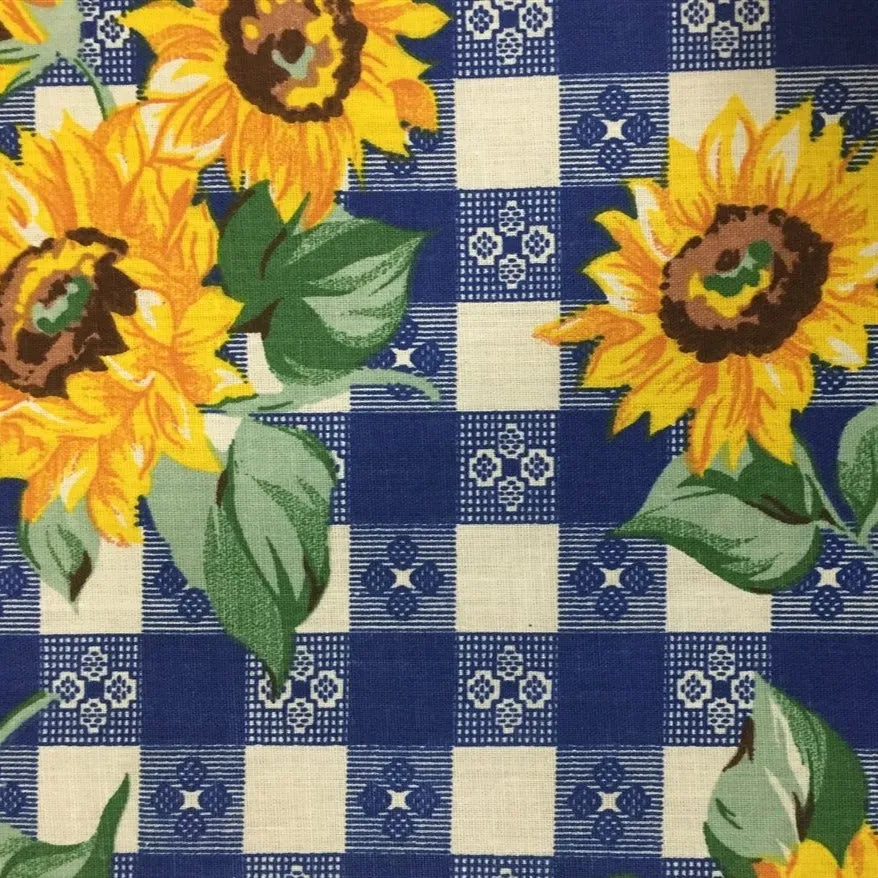 Blue Plaid Daisy Print Poly Cotton Fabric