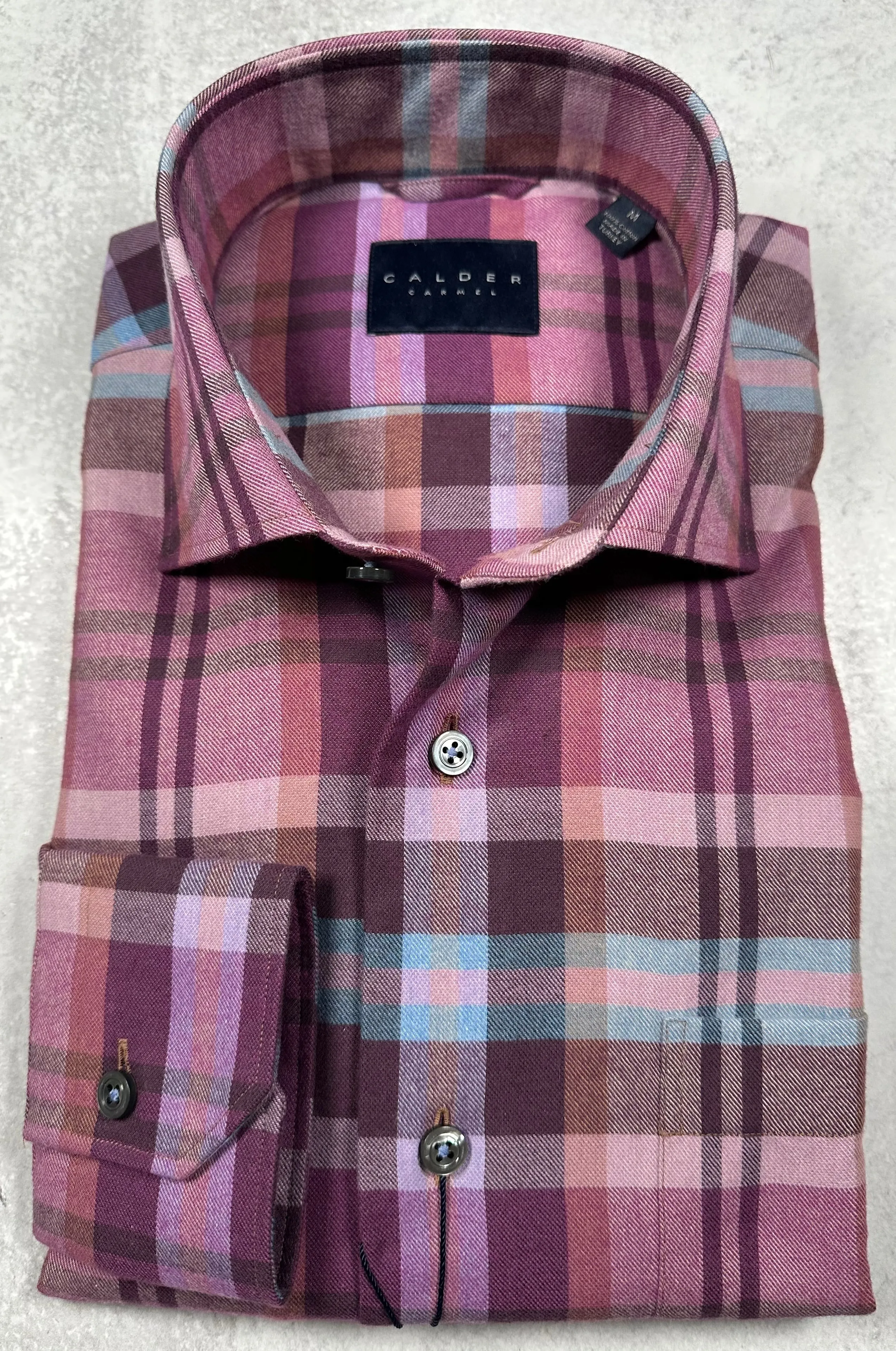 Calder Carmel Melange Brushed Twill Exploded Blanket Plaid Sport Shirt in Plum