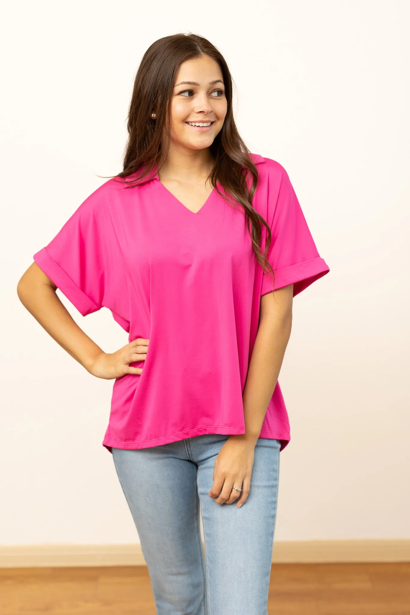 Cara Collared Top, Neon Pink