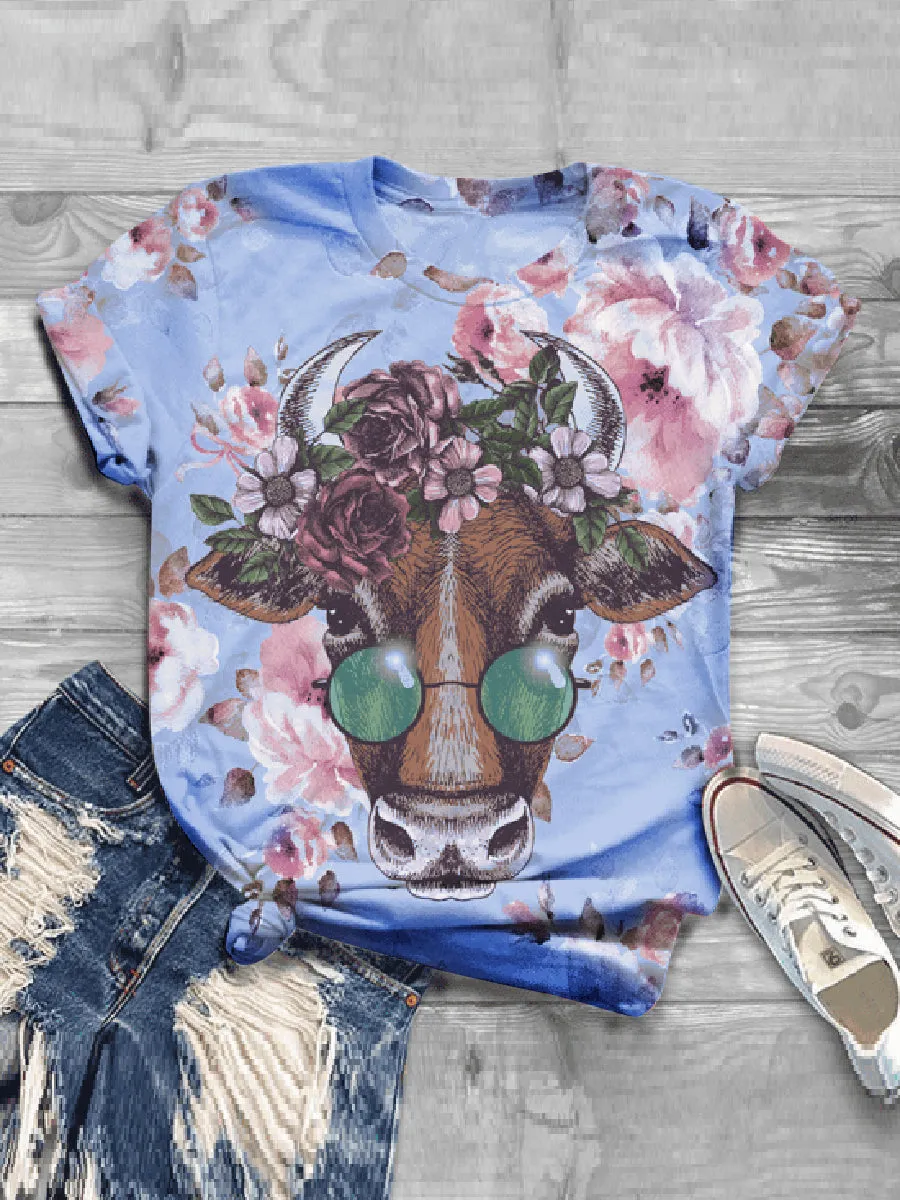 Casual Impression Glasses Cow Print Fashion T-shirt