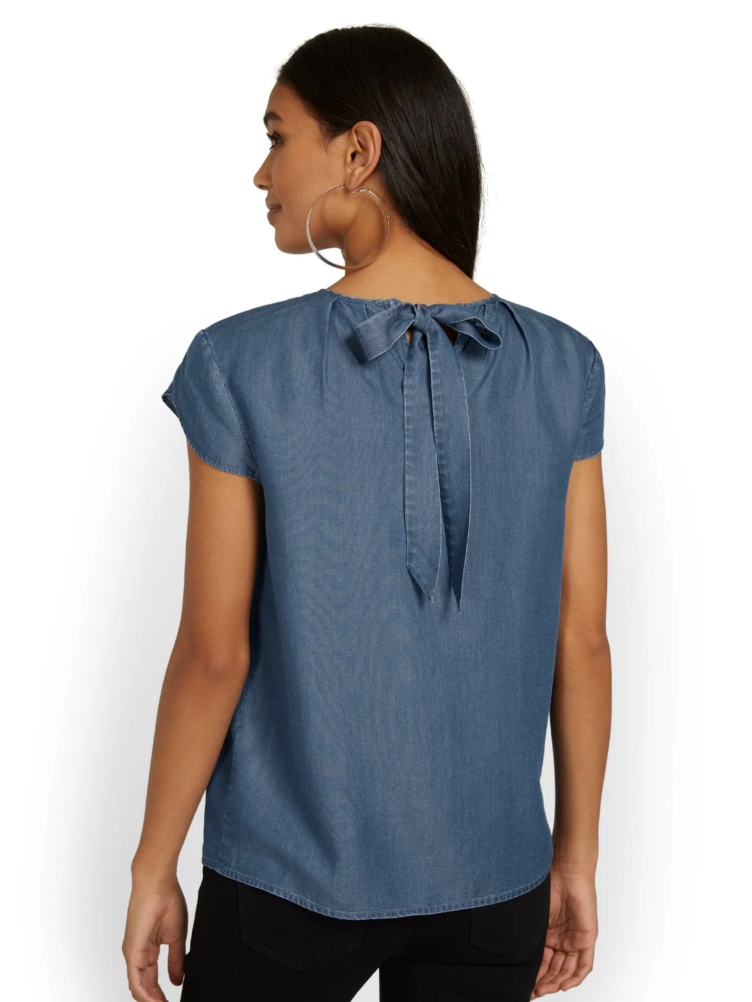 Chambray Bow-Back Pleated Top