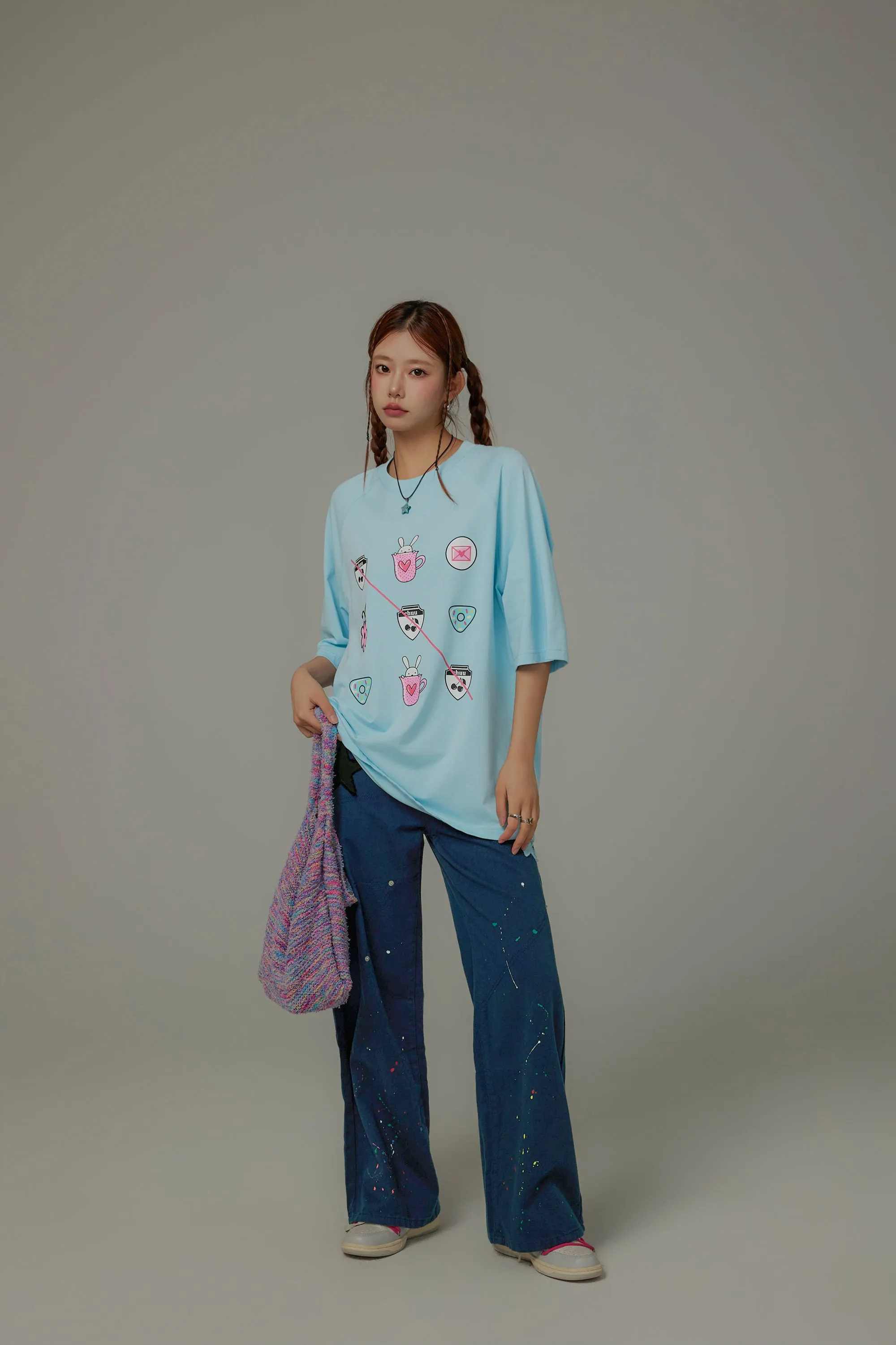 Chuu Cute Printed Icons Raglan Loose-Fitting T-Shirt