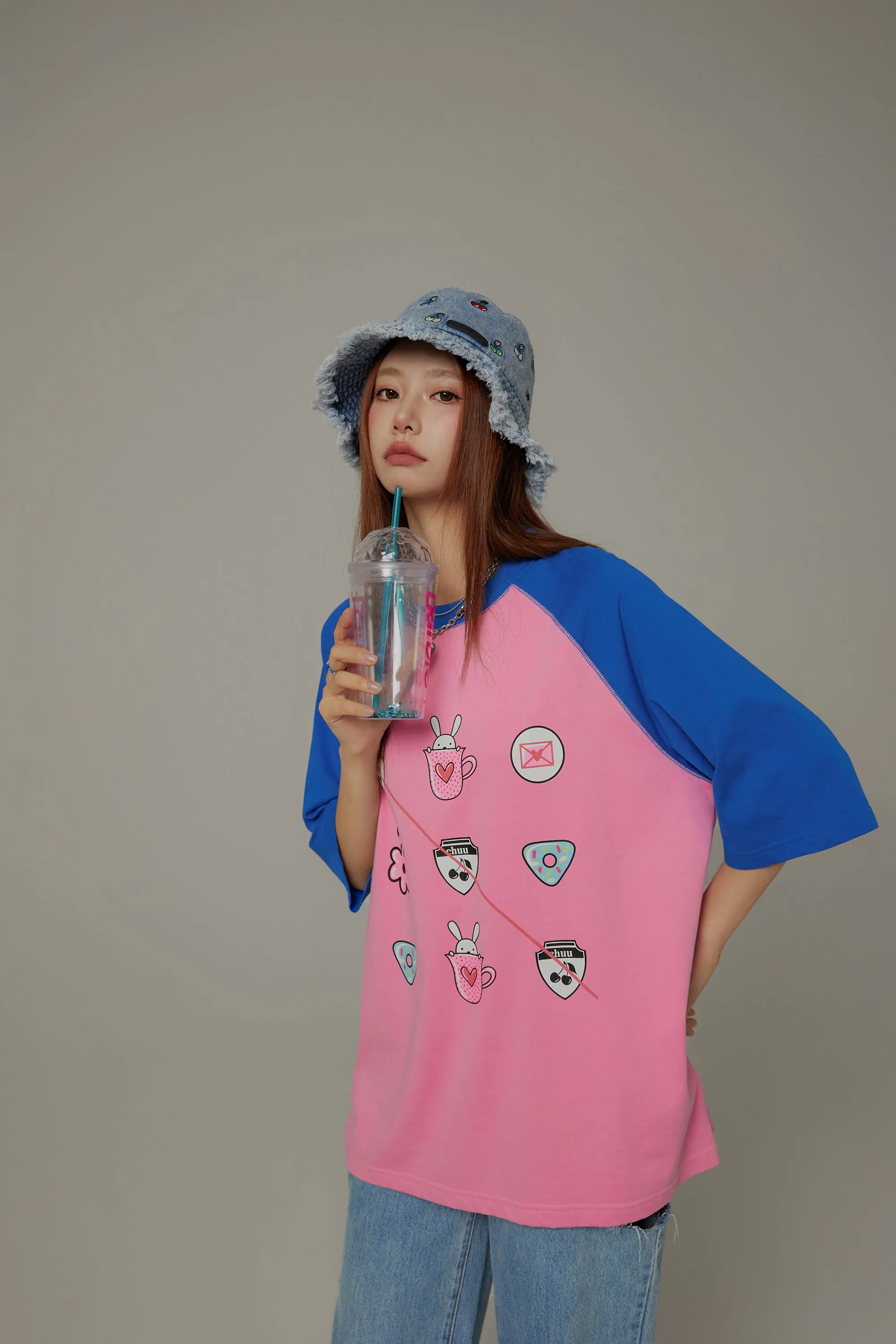 Chuu Cute Printed Icons Raglan Loose-Fitting T-Shirt