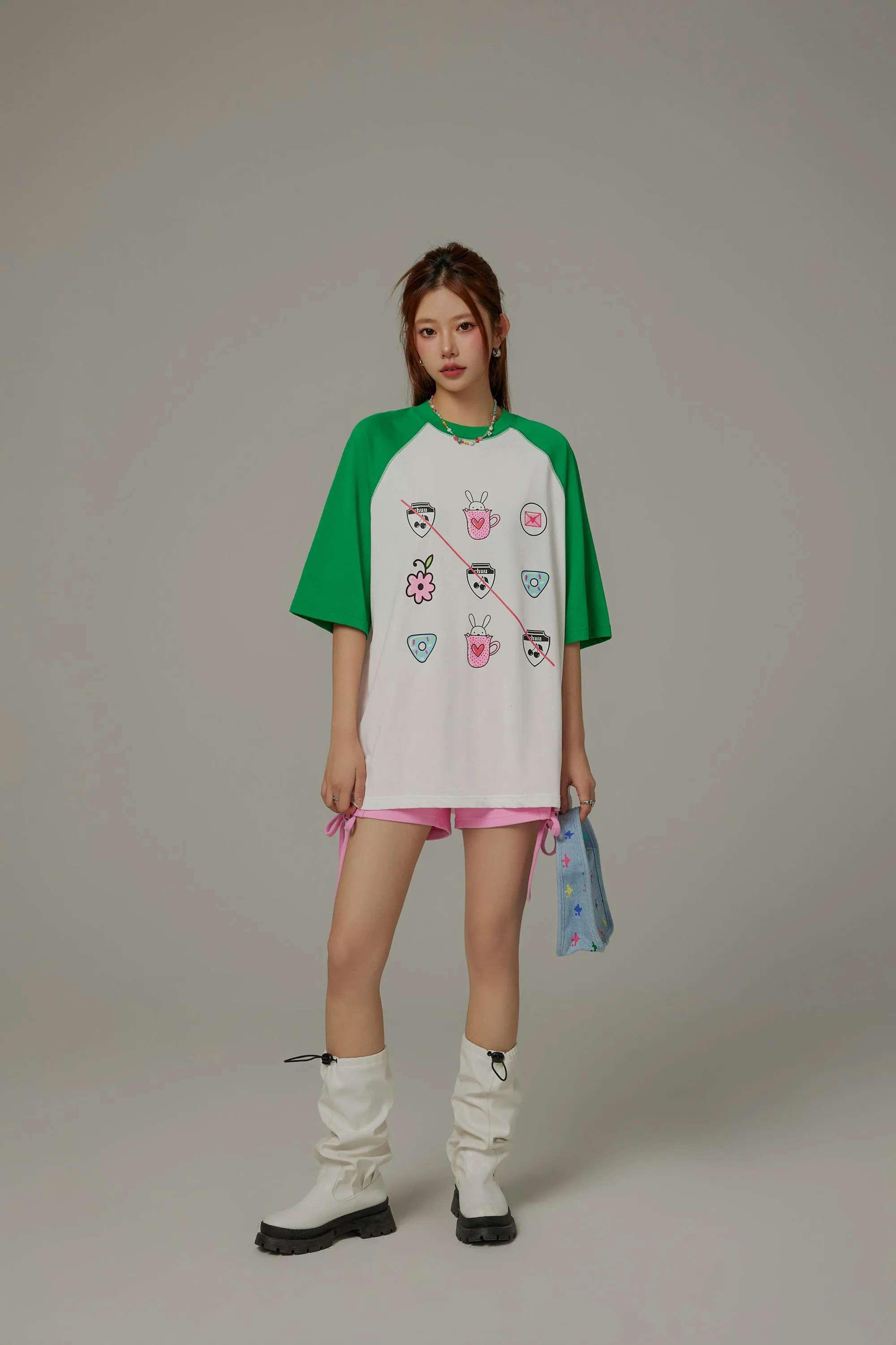 Chuu Cute Printed Icons Raglan Loose-Fitting T-Shirt