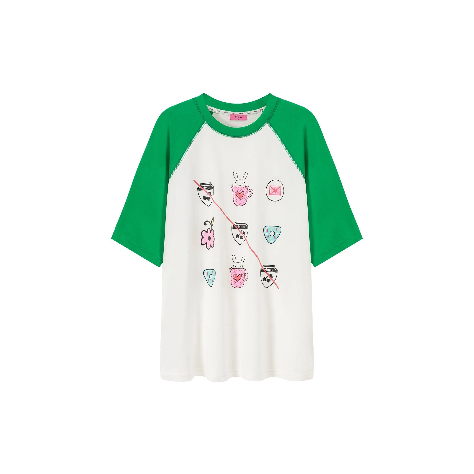 Chuu Cute Printed Icons Raglan Loose-Fitting T-Shirt