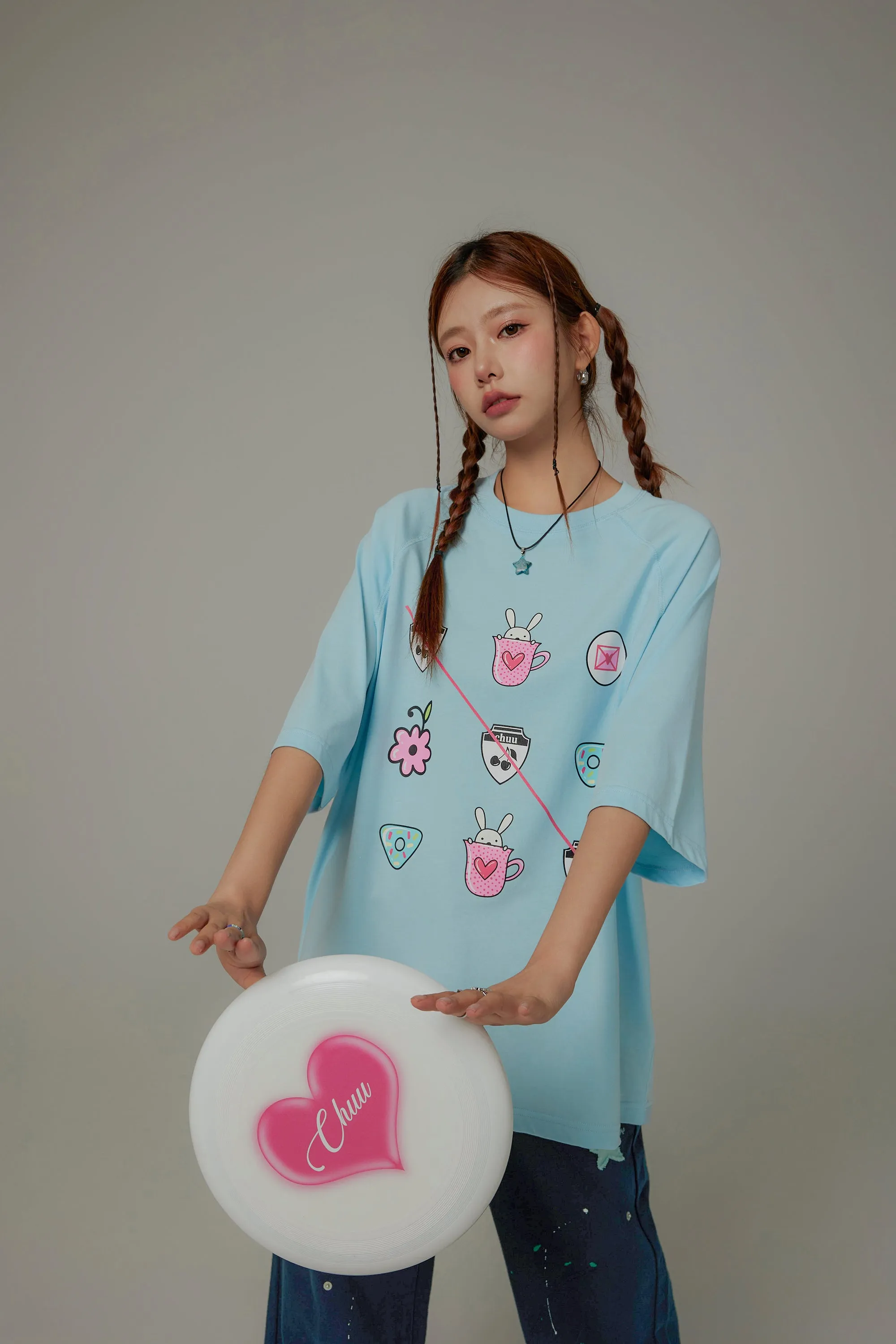 Chuu Cute Printed Icons Raglan Loose-Fitting T-Shirt