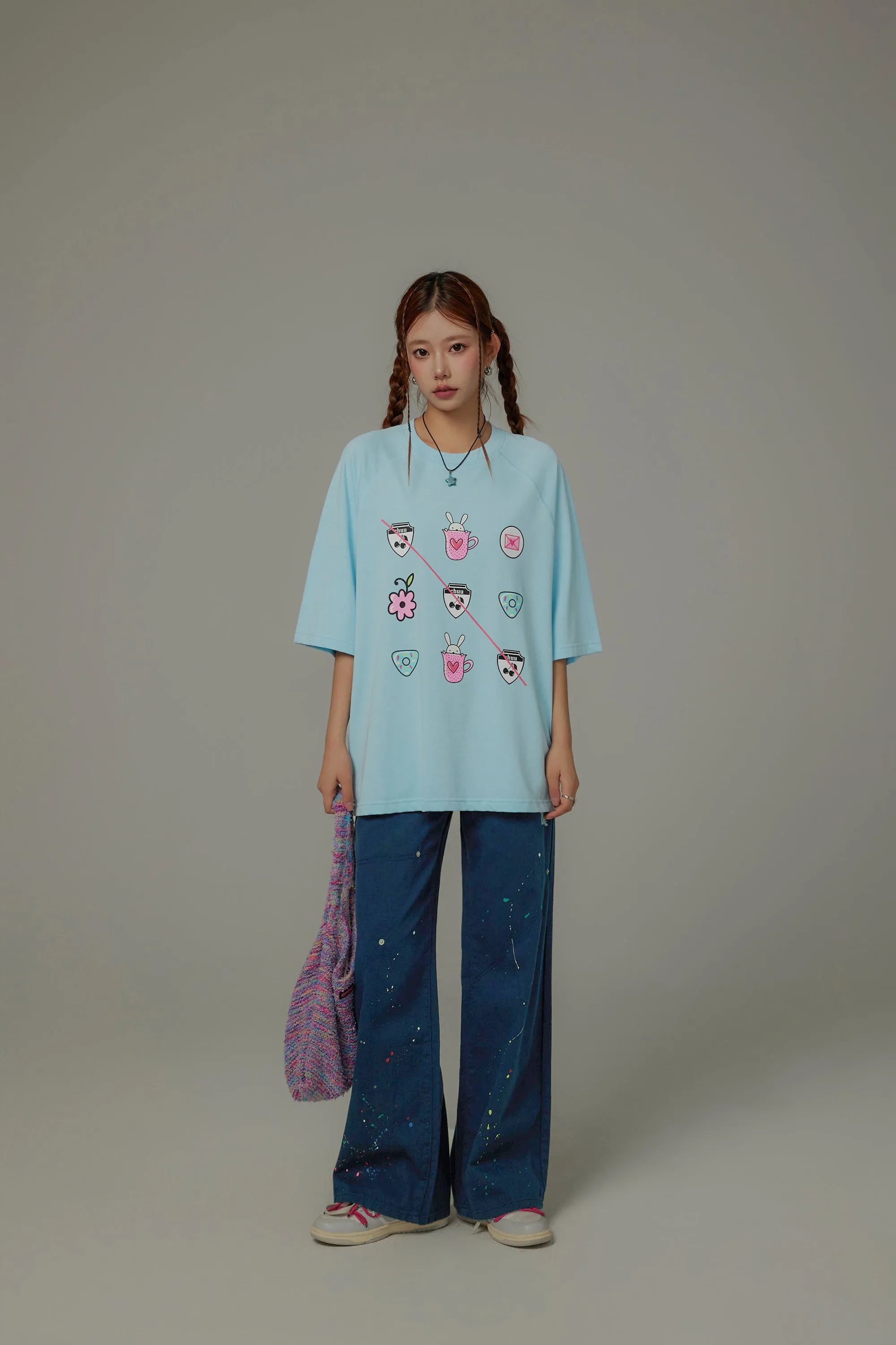 Chuu Cute Printed Icons Raglan Loose-Fitting T-Shirt