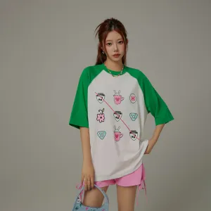 Chuu Cute Printed Icons Raglan Loose-Fitting T-Shirt