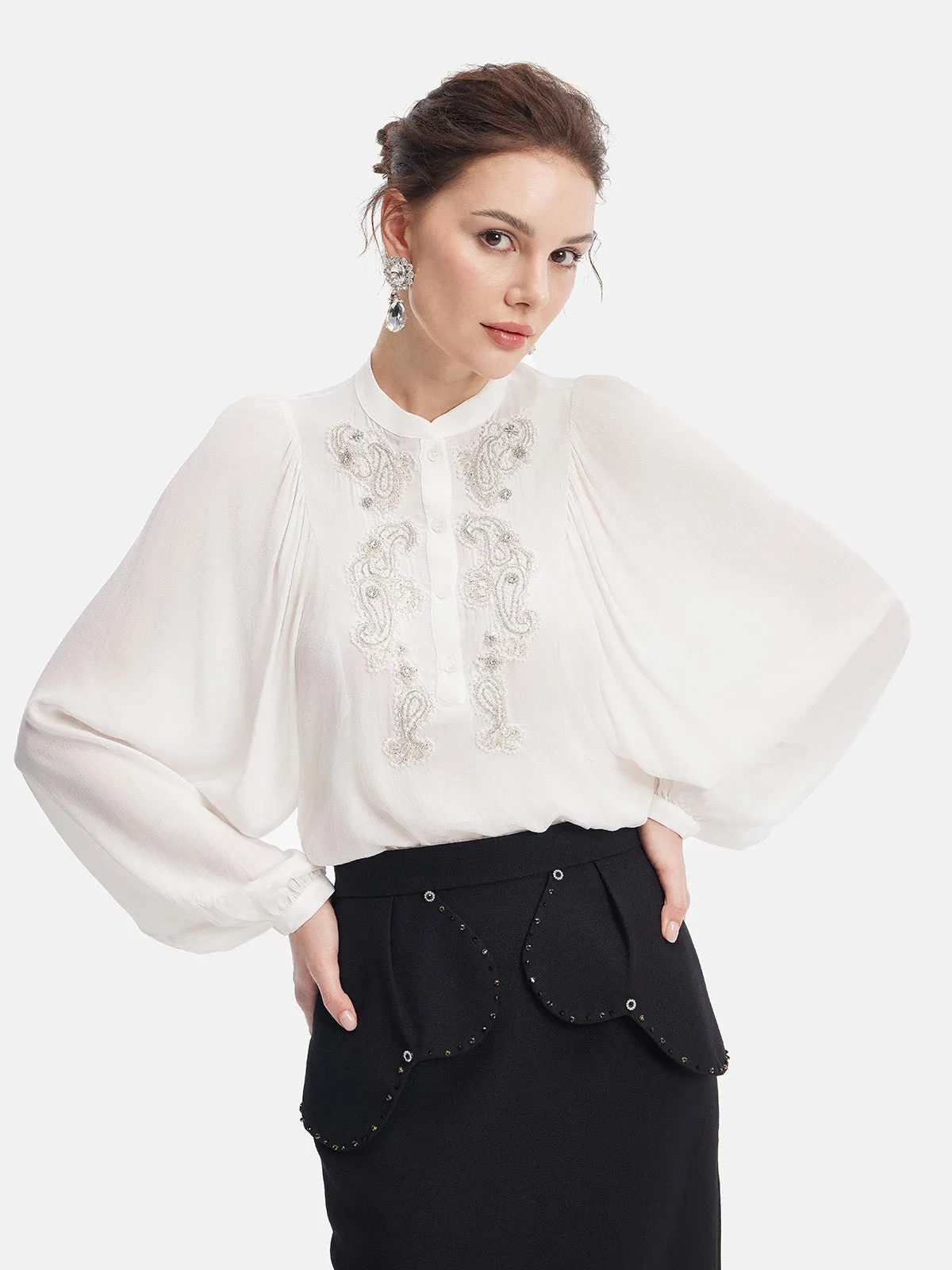 Cutout Embroidered Beaded Top