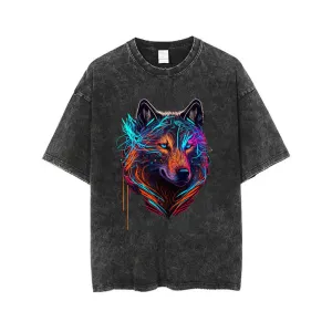 Cyberpunk Wolf Print Washed T-shirt