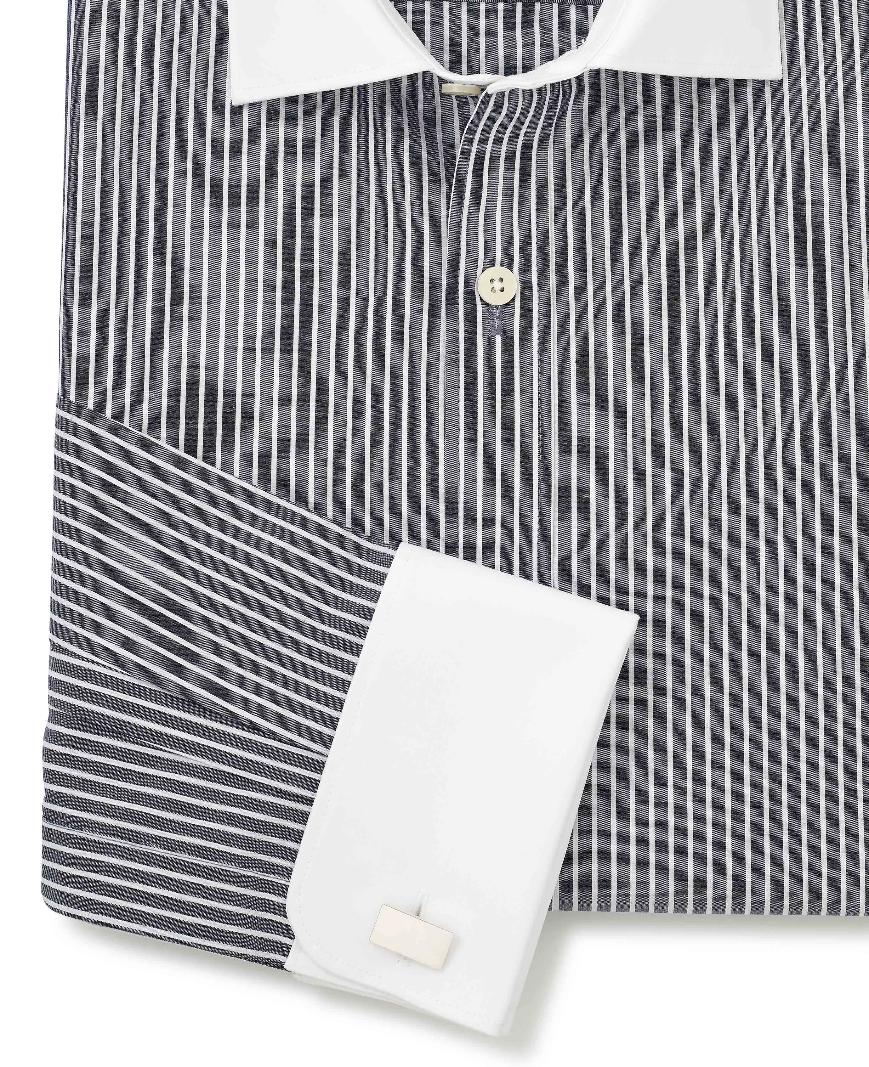 Dark Navy Reverse Stripe Slim Fit Formal Shirt - White Double cuffs & Collar