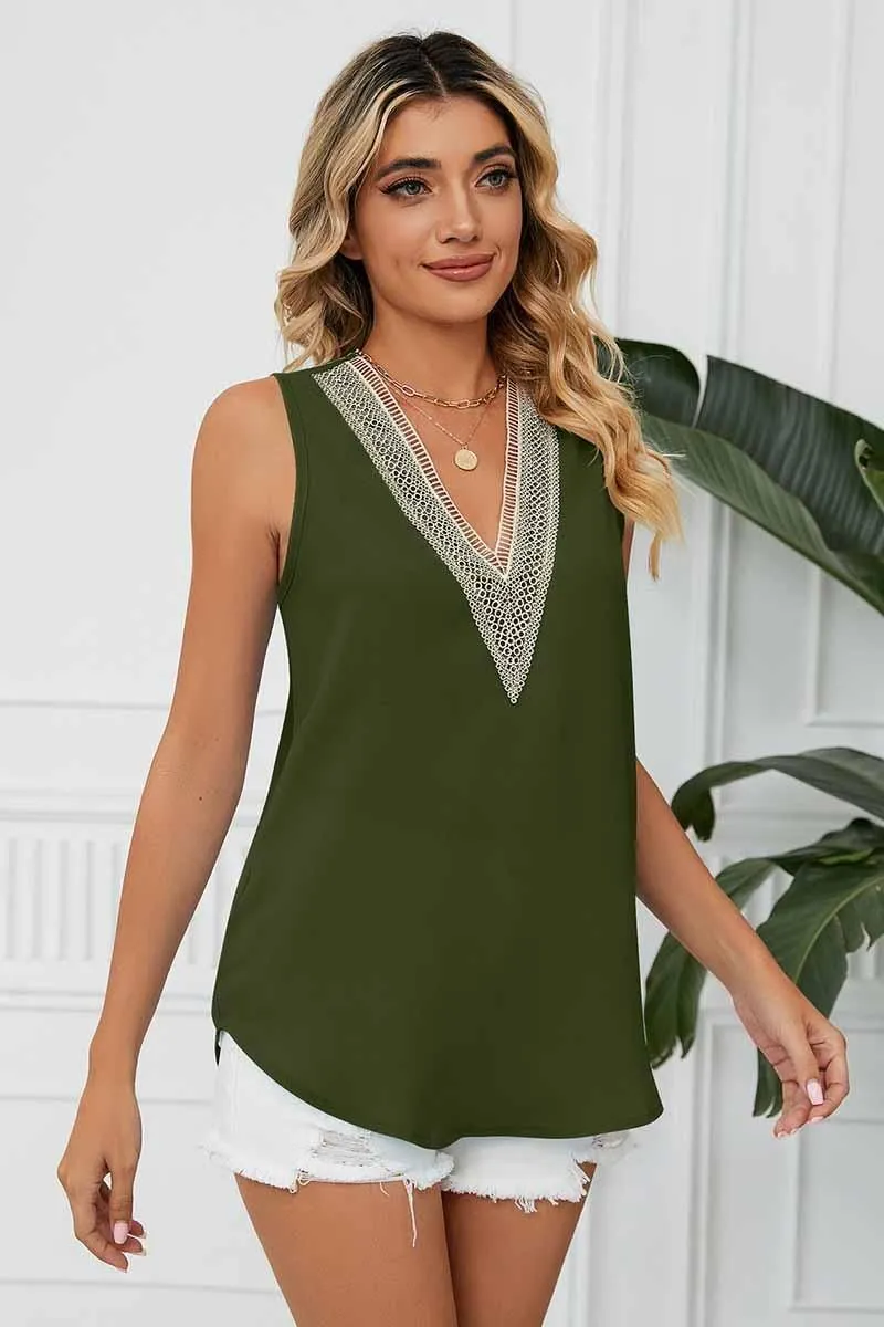 DEEP LACE V NECK CHIFFON LOOSE TUNIC TOP