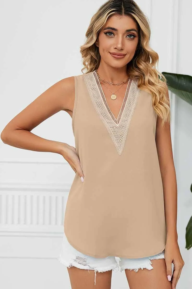 DEEP LACE V NECK CHIFFON LOOSE TUNIC TOP