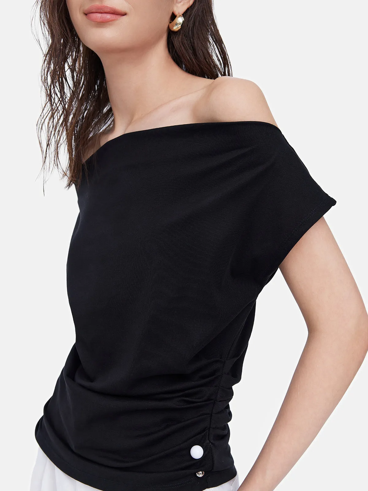 Draped Neck Pearl Sleeveless Tee