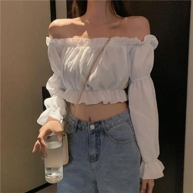 DressBetty - Sexy  Slash Neck Blouse Women Fashionable Puff Sleeve Short Top Female Black White Slim Shirts Vintage Solid Tops