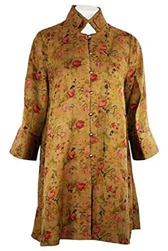 Earthen Silk - Olive Mud Silk, Natural Dyed Floral Print, Asian Themed Top