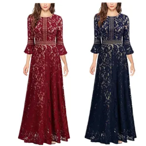 European and American New Summer  New Three-Quarter Sleeve Dress Hollow Lace Slim Lace Evening Dress