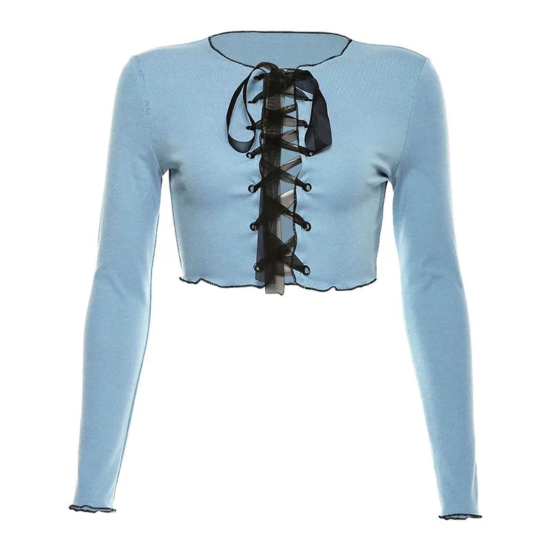 Fashion Slim Sexy Long Sleeve Round Neck Eyelet Bandage Navel T-shirt