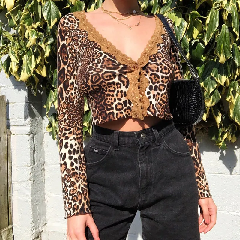 Fashion women's sexy leopard lace long-sleeved shirt