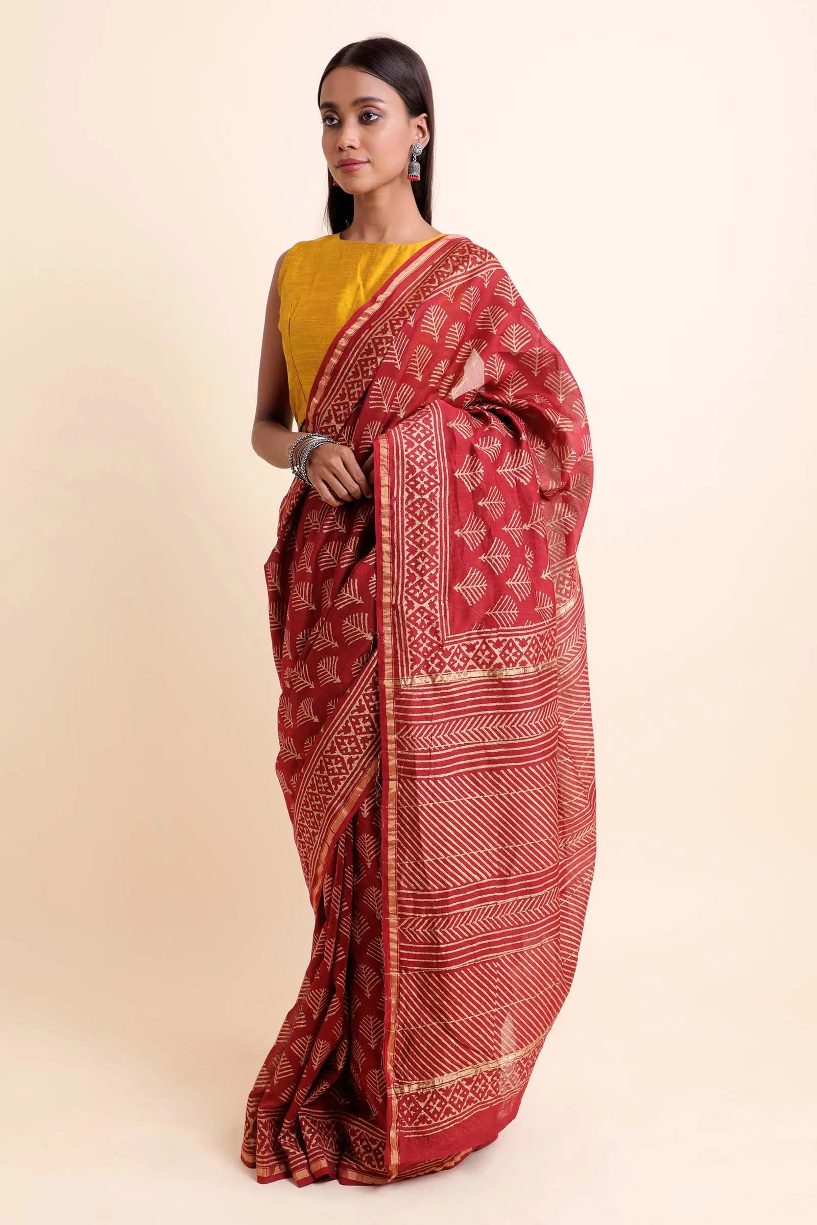 Fireplace Chanderi Cotton Silk Saree with Khari Handblock