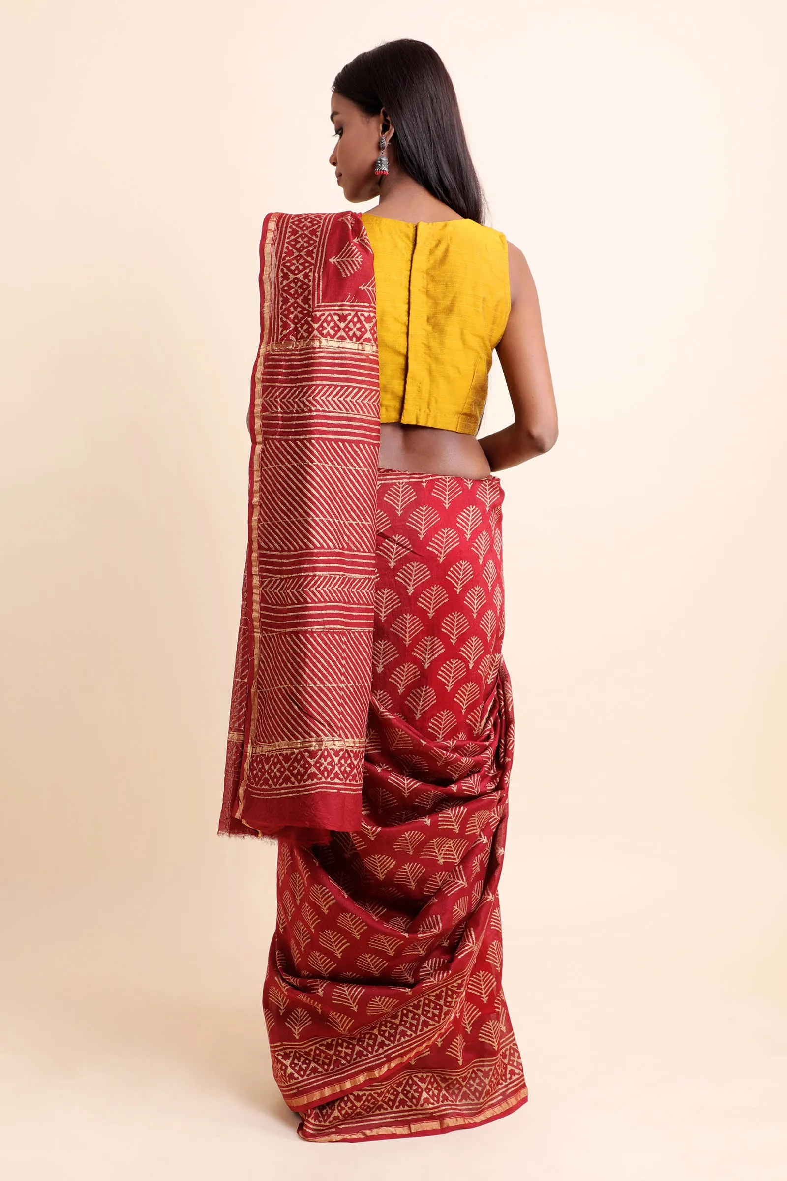 Fireplace Chanderi Cotton Silk Saree with Khari Handblock