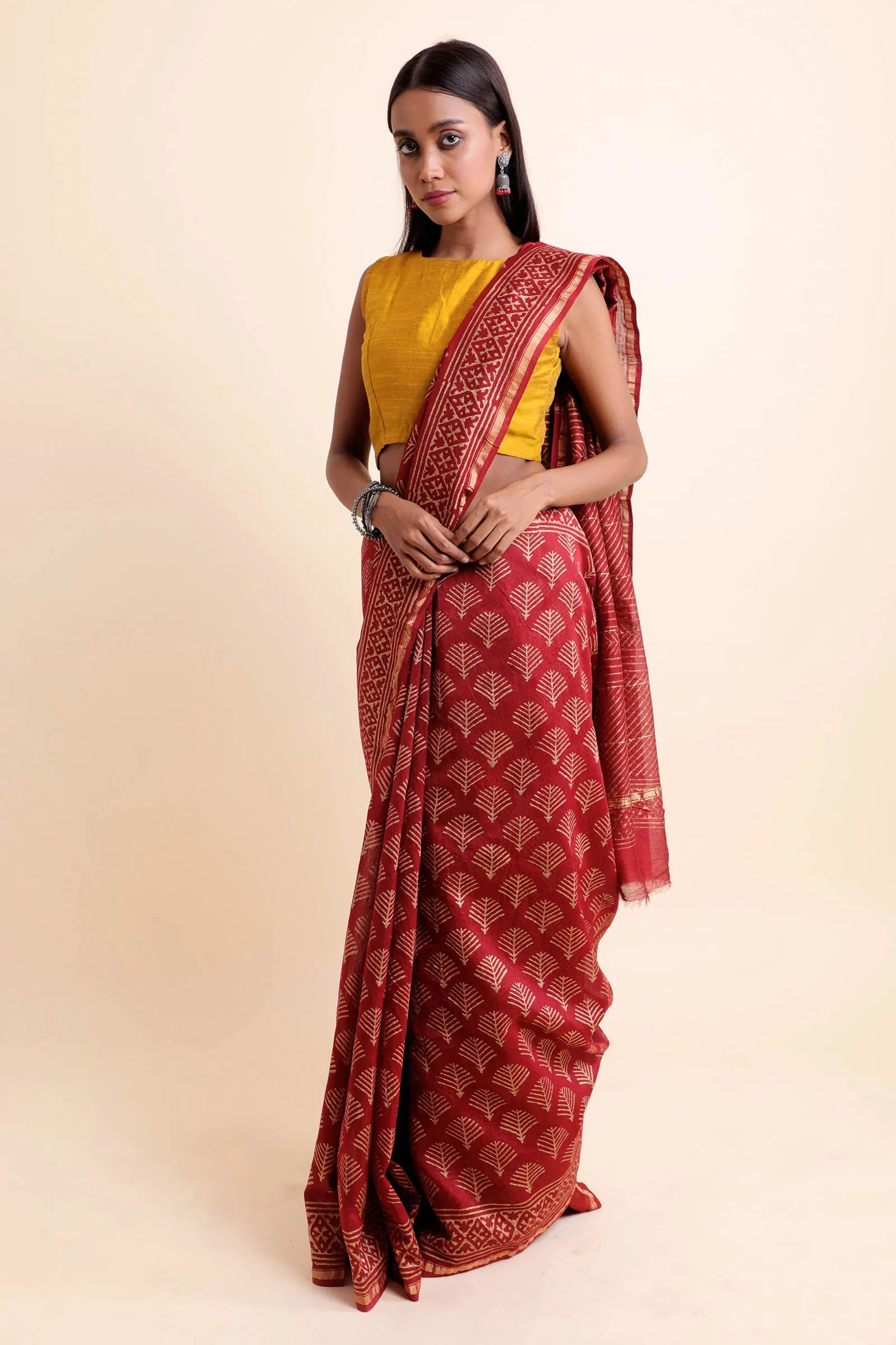 Fireplace Chanderi Cotton Silk Saree with Khari Handblock