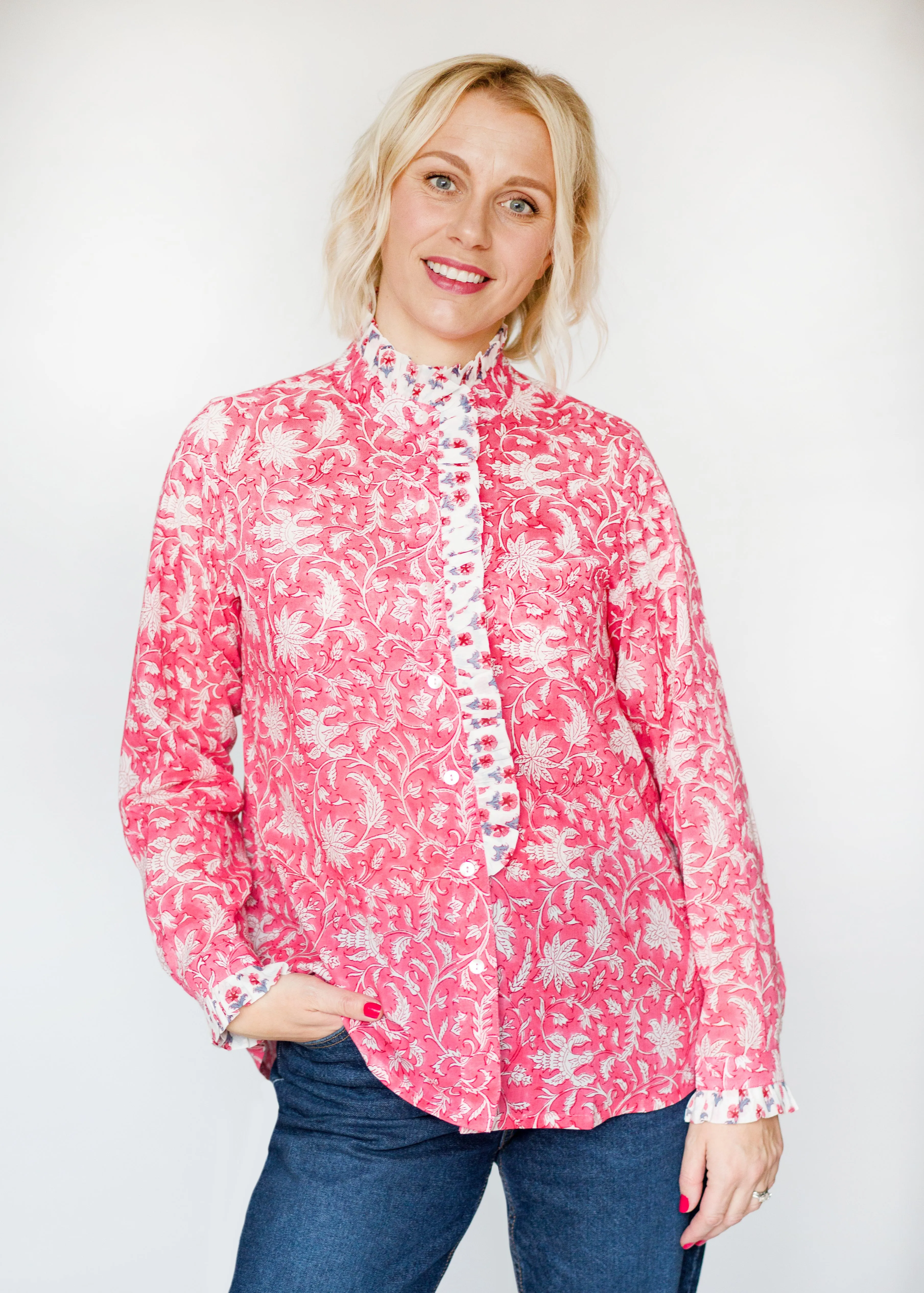 Frill Collar Blouse - Pink print