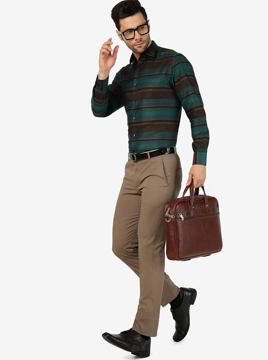 Green & Brown Striped Slim Fit Formal Shirt | Metal