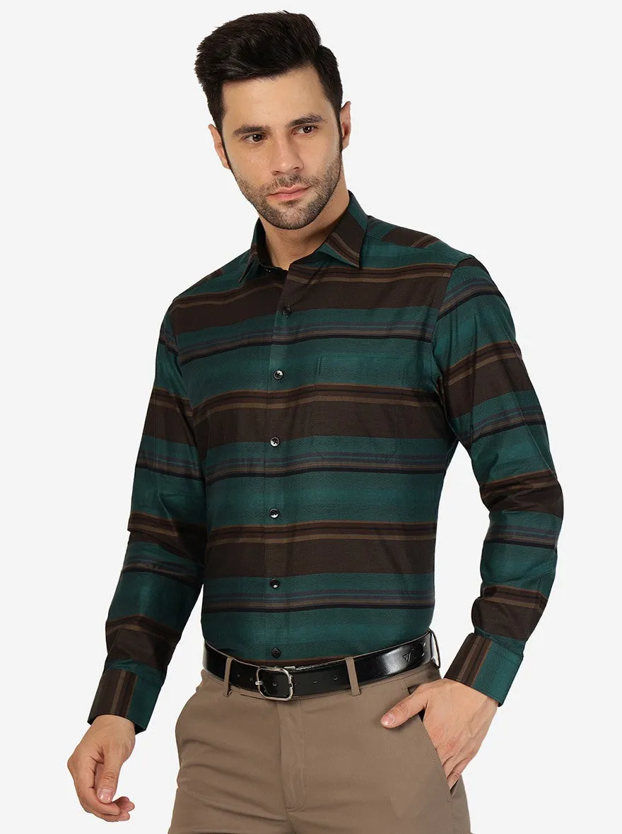 Green & Brown Striped Slim Fit Formal Shirt | Metal