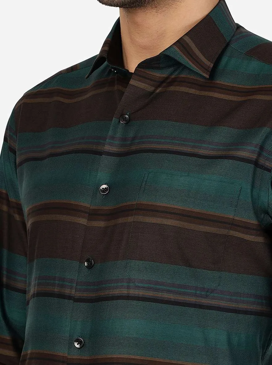 Green & Brown Striped Slim Fit Formal Shirt | Metal