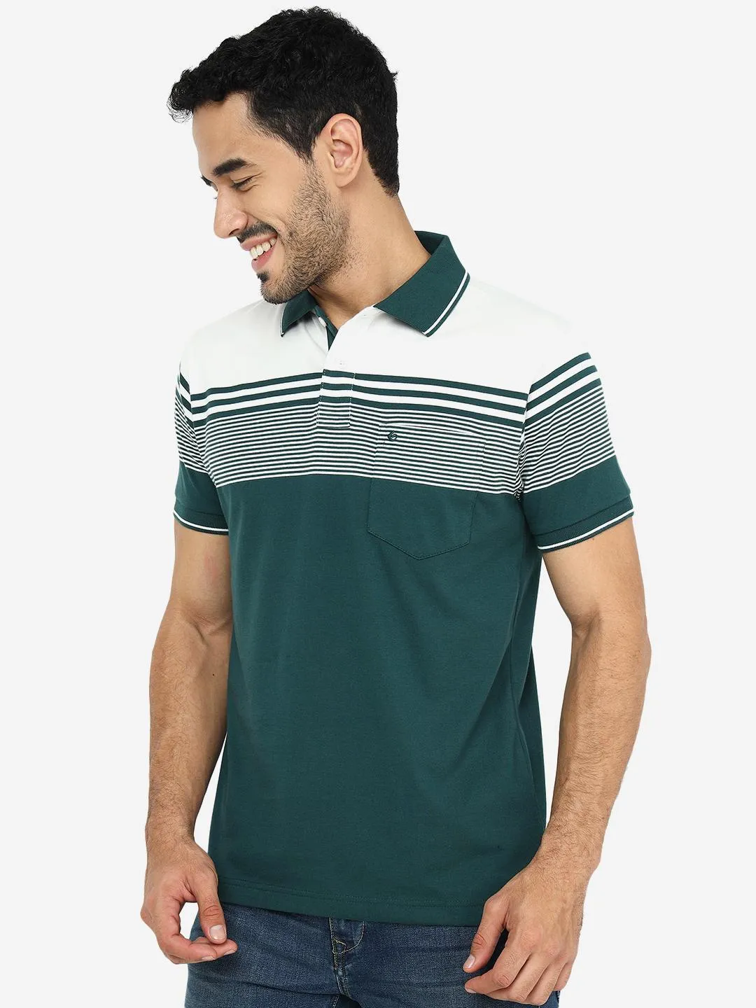 Green & White Striped Slim Fit Polo T-Shirt | Greenfibre