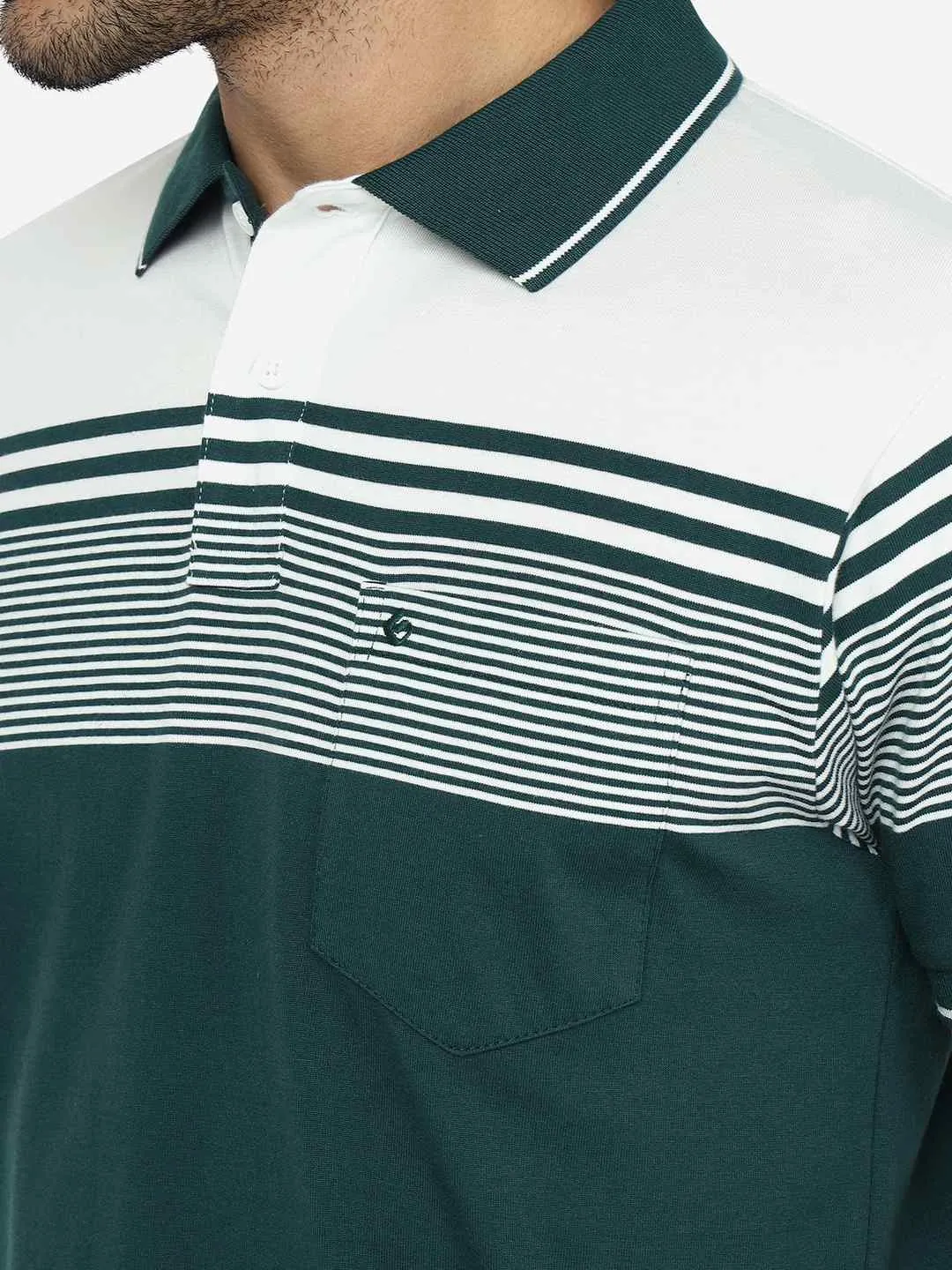 Green & White Striped Slim Fit Polo T-Shirt | Greenfibre