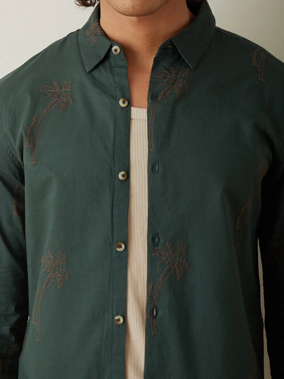 Green Embroidered Plain Casual Shirt