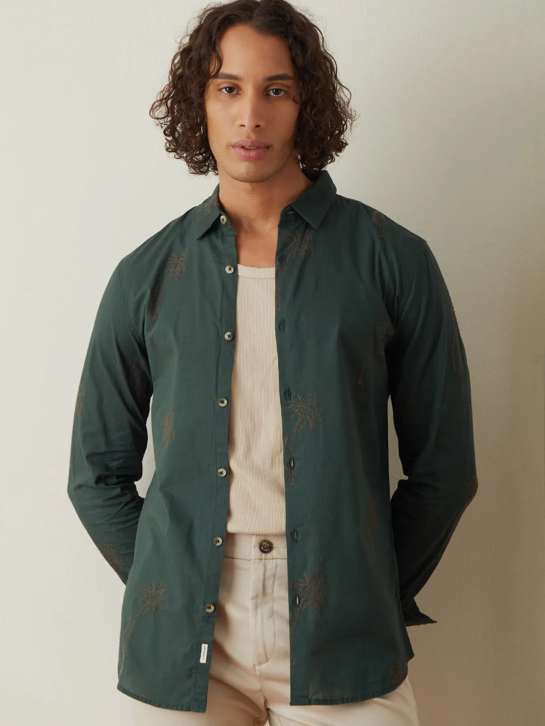 Green Embroidered Plain Casual Shirt