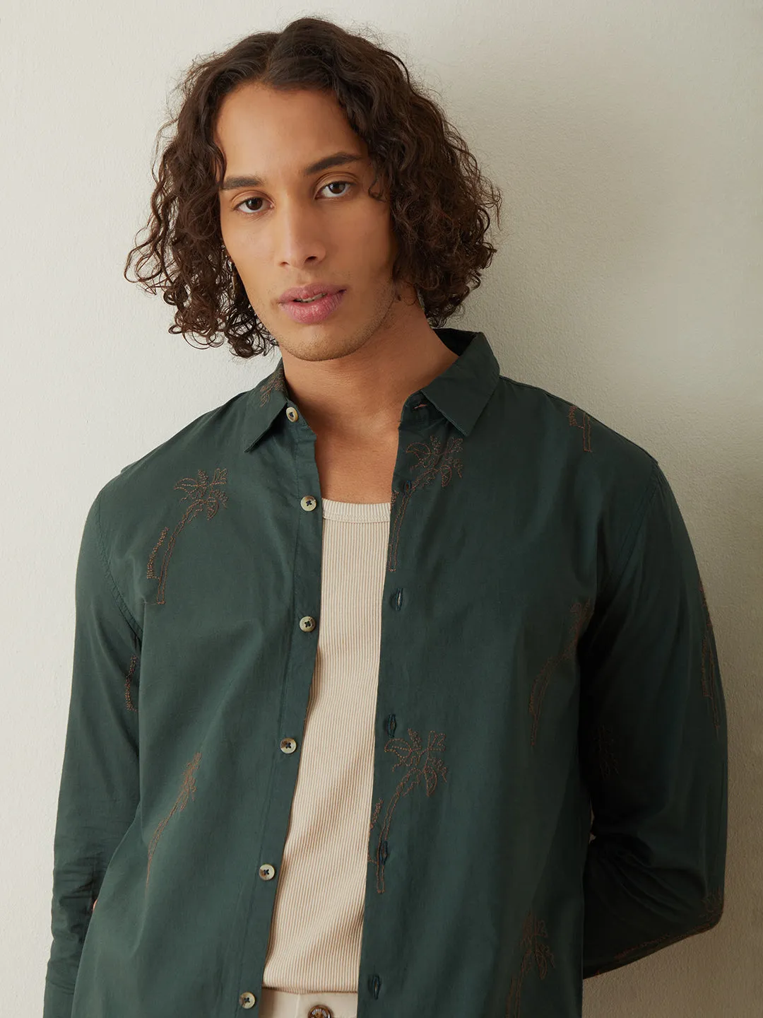 Green Embroidered Plain Casual Shirt