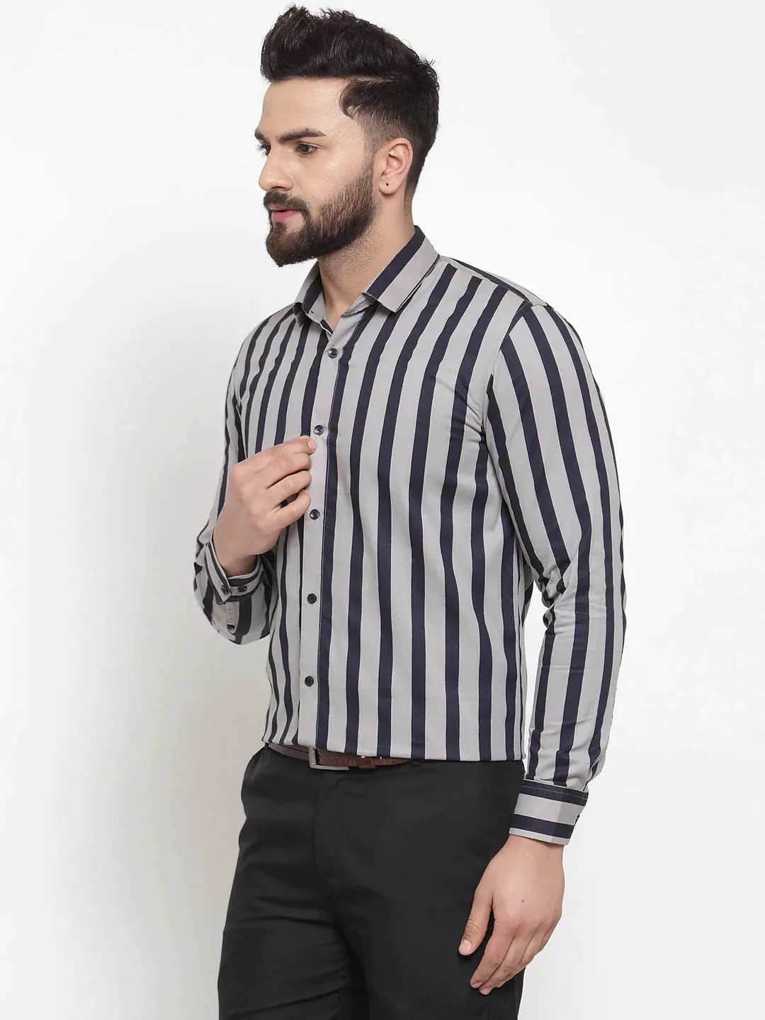 Grey Men'S Cotton Striped Formal Shirts