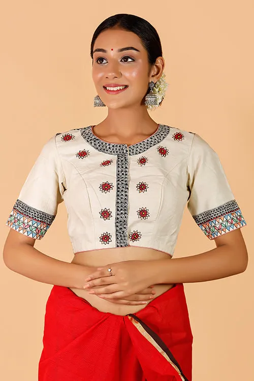 Gubbaro Handpainted Madhubani 'Govardhan Leela' Moonga Silk Blouse