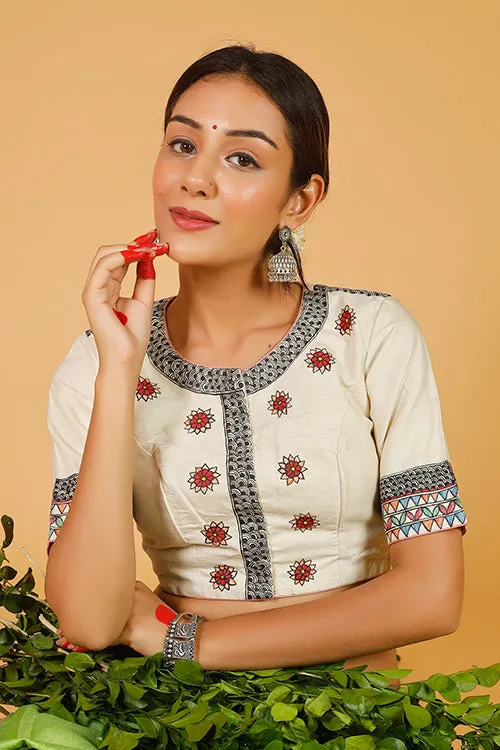 Gubbaro Handpainted Madhubani 'Govardhan Leela' Moonga Silk Blouse