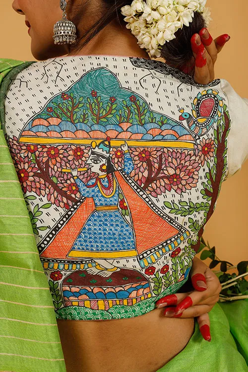 Gubbaro Handpainted Madhubani 'Govardhan Leela' Moonga Silk Blouse