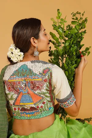 Gubbaro Handpainted Madhubani 'Govardhan Leela' Moonga Silk Blouse