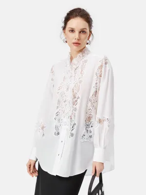 Lace Collar Paneled Silk Shirt