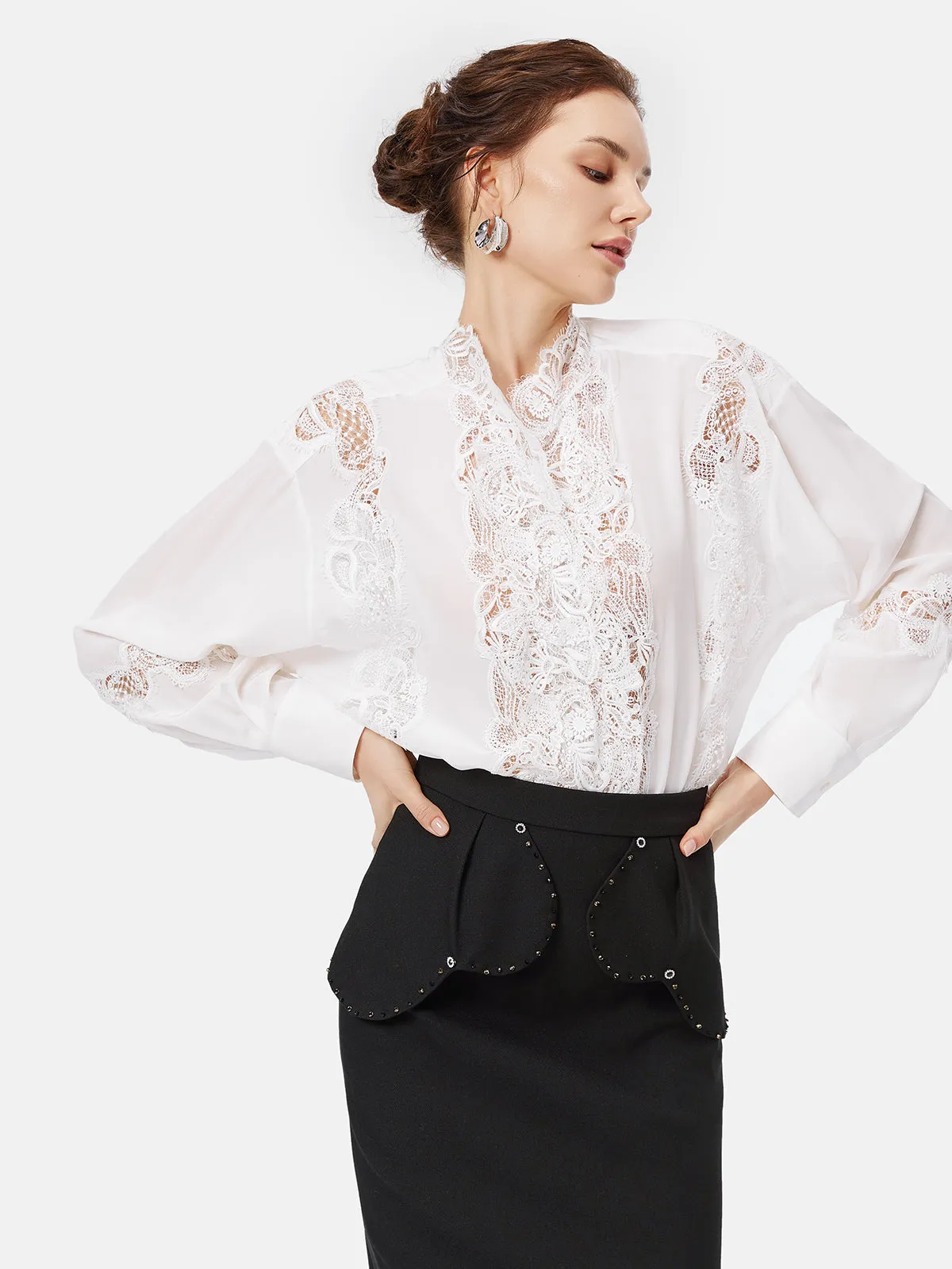 Lace Collar Paneled Silk Shirt