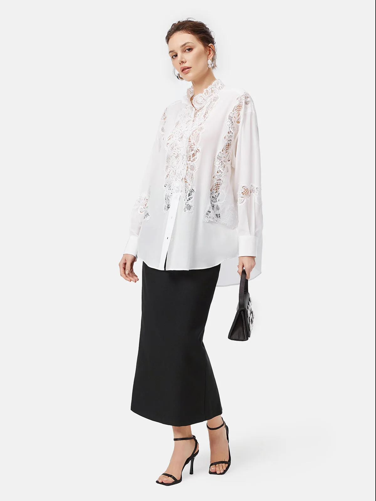 Lace Collar Paneled Silk Shirt